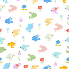 Vector Seamless Pattern with Colorful Rabbits on White Background