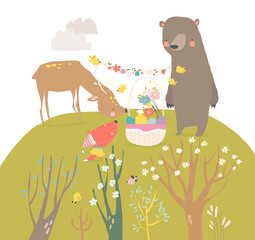 Cute Cartoon Animals celebrating Easter in the Spring Forest. Vector Illustration