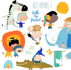 Vector Set of Cute Cartoon Kids with Wild Animals