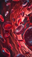 Red blood cells in vein. Blood cells flowing through a capillary bloodstream. Medicine and biology