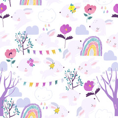 Vector Seamless Pattern with Funny Rabbits, Blossom Trees and Rainbow