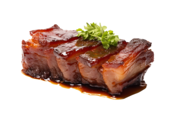 succulent pork belly slice, roasted to crispy perfection, with caramelized skin and tender meat, on a white background.