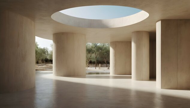 a vertical internal circular cylindre corridor with minimalist space, an ogive circular roof ,white sand