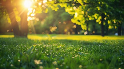 Fototapeta premium Sunny day. Green grass and bokeh in spring park.