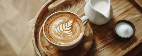 Top view of a hot coffee cup with a creamy cappuccino, placed on a wooden tray. A small jug of milk and a sugar bowl add to the cozy breakfast setting.