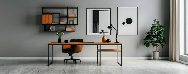 A clean and organized office interior with a minimalist desk, a comfortable chair, and wall-mounted shelves. The desk is set against a backdrop of light grey walls and contemporary art.
