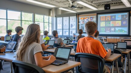 A vibrant modern classroom featuring diverse students using tablets, enhancing their learning experience in a collaborative environment.