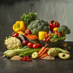 Healthy Food Photography Surplus Calorie Combinations with Fruits and Vegetables on Diverse Backgrounds