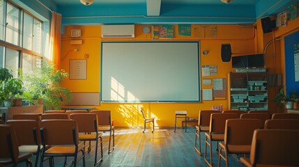 A vibrant classroom featuring interactive digital boards and diverse students engaged in collaborative learning. Ideal for educational innovation visuals.