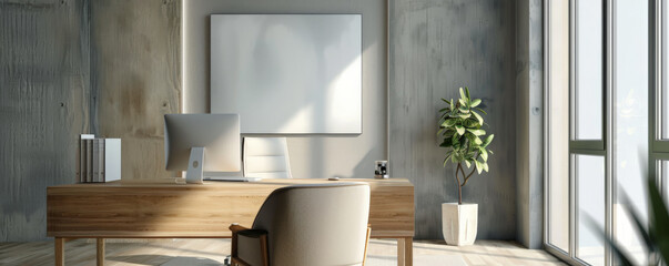 A modern office interior with a wooden desk, stylish chair, and minimalistic decor. The space is designed with a focus on simplicity and functionality, featuring clean lines and neutral colors.