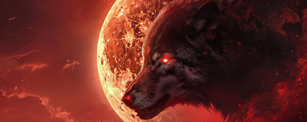 A close-up of a wolf with glowing eyes, howling under the blood moon during a lunar eclipse. The red moonlight casts a haunting glow on the wolf's fur.