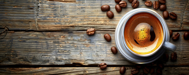 Top view of a hot coffee cup with a rich, dark espresso, surrounded by scattered coffee beans on a wooden surface. The aroma of freshly brewed coffee is almost palpable.