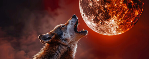 A close-up portrait of a wolf howling, with the blood moon during a lunar eclipse visible in the background. The red hues of the moon add a dramatic touch to the scene.