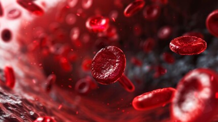 Red blood cells in vein. Blood cells flowing through a capillary bloodstream. Medicine and biology