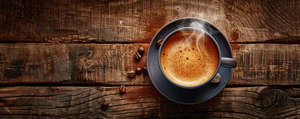 Top view of a steaming hot coffee cup placed on a rustic wooden table, with a beautiful crema swirling on top. The natural light highlights the rich brown hues of the coffee.