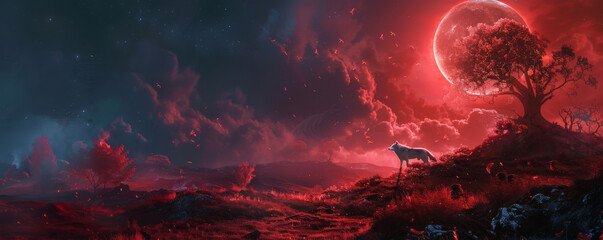 A mystical landscape with a wolf howling at the blood moon during a lunar eclipse, the red-tinted moonlight casting an ethereal glow on the surroundings.