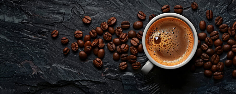 Top view of a hot coffee cup with a rich espresso shot, surrounded by coffee beans on a slate surface. The bold and dark tones create a striking visual.