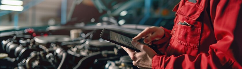 Fototapeta premium Automotive mechanic in red uniform holding a digital tablet, inspecting car engine in garage, focus on technology usage in repair.