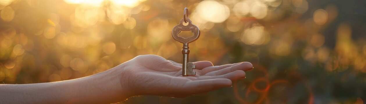 A hand holding an ornate vintage key against a glowing sunset background, symbolizing potential, opportunity, and unlocking new possibilities.