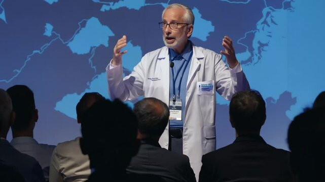 Doctor or scientist speaking on stage by conference, public, Guest, talk or seminar for presentation on health, wellness or innovation with medical drugs business education concept