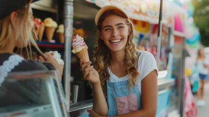 Smiling worker of a beautiful ice cream truck with ice cream