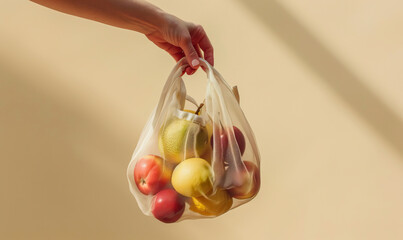 Hand holding eco-friendly fabric bag with various fresh vegetables and fruits