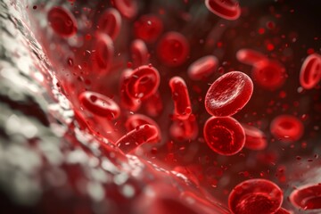 Red blood cells in vein. Blood cells flowing through a capillary bloodstream. Medicine and biology