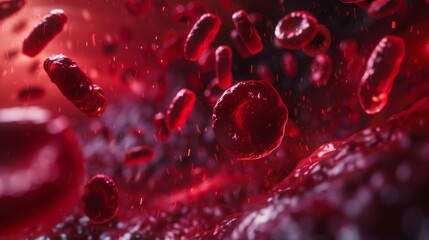 Red blood cells in vein. Blood cells flowing through a capillary bloodstream. Medicine and biology