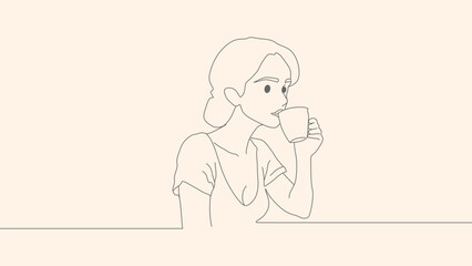 Young woman drinking hot coffee or tea. Outline, thin line art. Linear hand drawn sketching style illustration. Simple design.