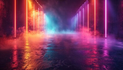 Neon Lights and Fog in a Dark Empty Room