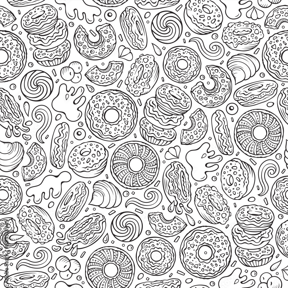 Wall mural Cartoon cute doodles Donuts seamless pattern