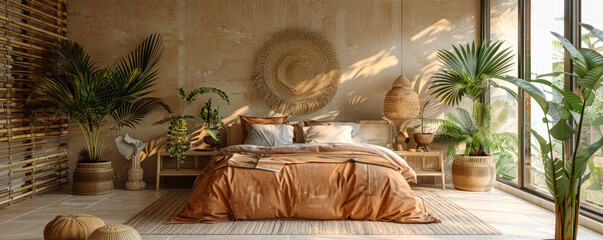 Eco-style interior. A bedroom filled with lush green plants. Furniture made from natural wood to create an eco-friendly image. textiles made from organic, natural materials