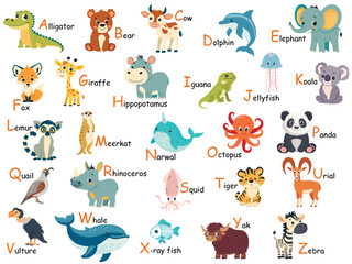 Colorful zoo alphabet for children with cute animals. Cartoon letters from A to Z isolated vector illustration. Preschool and school education concept