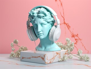 a statue of a woman wearing headphones