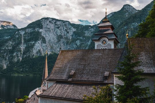 View of the parish church of the Assumption of Mary in Hallstatt, Austria.