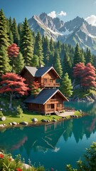 A picturesque cabin nestled on the shore of a pristine lake, surrounded by lush greenery and towering mountains.