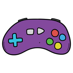 Hand drawn cartoon purple video game joystick on white background.