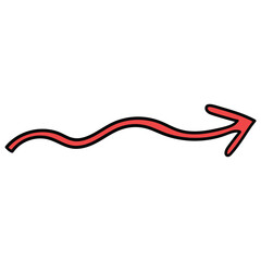 Hand drawn cartoon red curved arrow on white background.