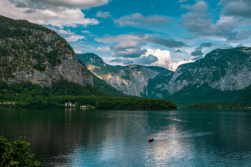 Panoramic view of Lake Hallstatt in Austria.