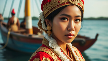 Obraz premium Asian woman in traditional costume with old boat in the background
