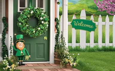 A charming front porch decorated with St. Patrick's Day items, such as a wreath made of shamrocks, a leprechaun figure, and a welcome sign in green and gold