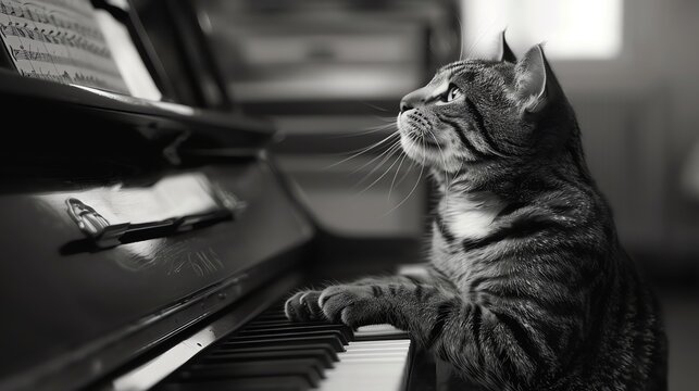 A black and white image of a cat sitting at a piano and looking up. - Powered by Adobe