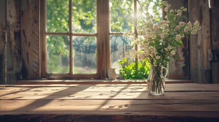 Fototapeta premium Photo of a wooden table top with copy space for advertising products in an old vintage kitchen. Table and vase with white spring flowers near the window in a country house
