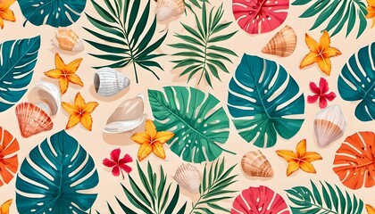 Modern exotic floral jungle pattern. Collage contemporary seamless pattern. Hand drawn cartoon style pattern. Boho foliage botanical tropical leaves and sea shells. Blue green orange red tropical leaf