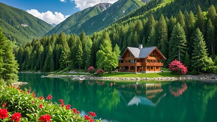 Fototapeta premium A picturesque cabin nestled on the shore of a pristine lake, surrounded by lush greenery and towering mountains.