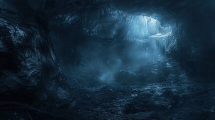 Dark Cave - Mystical Entrance to Underground Cavern with Ominous Mist and Dim Light