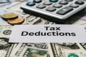 Fototapeta premium Tax form with 'Tax Deductions' written on it, surrounded by calculators and dollar bills. Ideal for illustrating tax deductions and financial themes.