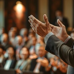 CEO Delivering Motivational Speech to Cheering Business Audience at Corporate Event