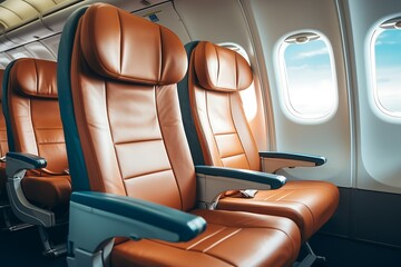 Interior of airplane with seats and window view.