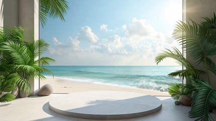 Fototapeta premium Podium display for product with tropical beach background with palm leaves